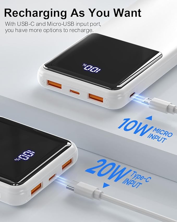 Power Bank Portable Charger 10000mAh PD 22.5W, Slim Battery Pack with LED Display & USB-C Input/Output, Compatible for Smartphones, Tablets,Travel Essentials. (White)