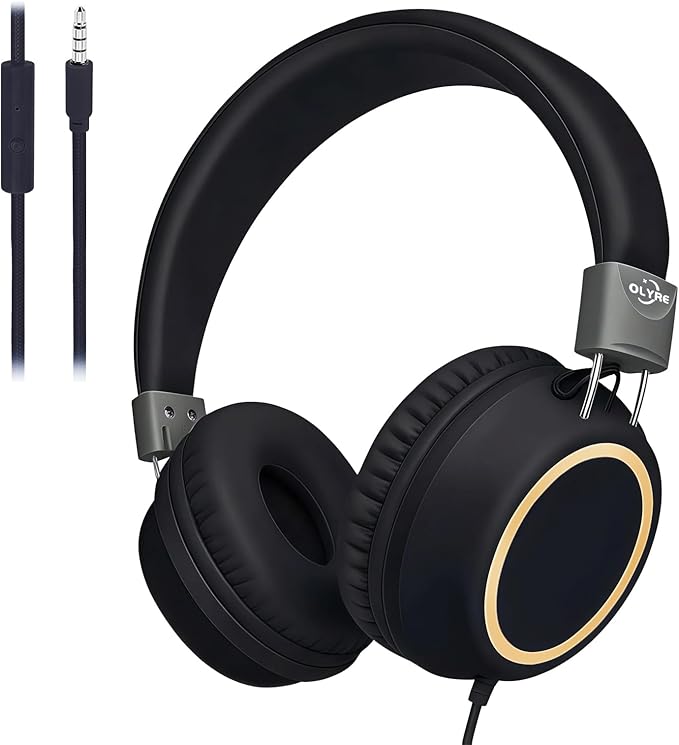 Olyre Kids Foldable Headphones, Toddler Headphones with Cord for School Plane Travel, Lightweight Stereo Wired Children Earphones with HD Mic for Boys Girls for Computer Cellphone Tablet - Black
