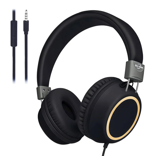 Olyre Kids Foldable Headphones, Toddler Headphones with Cord for School Plane Travel, Lightweight Stereo Wired Children Earphones with HD Mic for Boys Girls for Computer Cellphone Tablet - Black