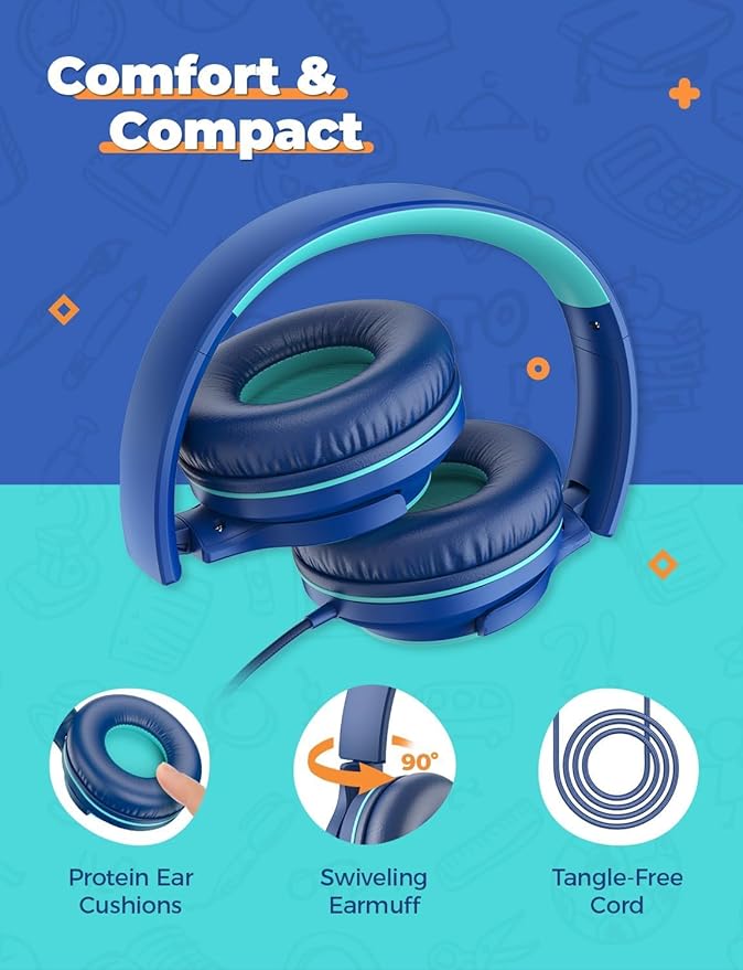 iClever 2Pack Kids Headphones with Sharing Splitter - 85dBA Safe Volume Limited - HS22 Wired Headphones for Kids Teens, Tangle-Free 3.5mm Jack Foldable Stereo Headphone for School/Tablet/Travel