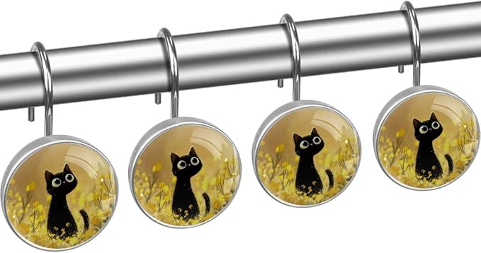 12 Packs Cute Cat in the Flowers Shower Curtain Hooks, Stainless Steel Glass Shower Curtain Rings for Bathroom Decor, Metal Rustproof Curtain Rod Hooks