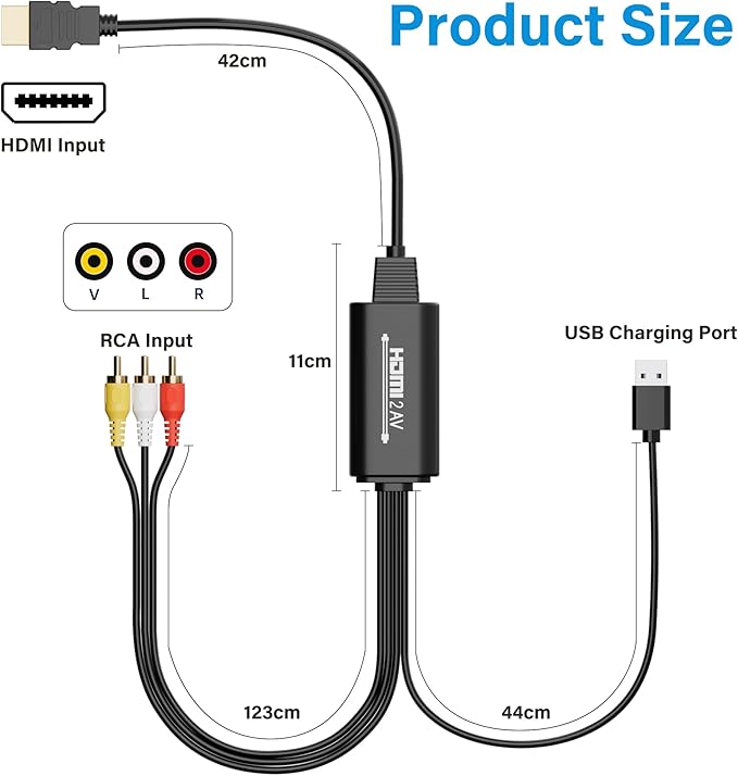 Adoreen Unidirectional HDMI to 3 RCA Converter Cable 6 Ft, 1080P Composite CVBS AV Audio Video Adapter with USB Power Supports PAL/NTSC for Old TV Apple Android Box, Roku, PC, DVD-NOT RCA to HDMI