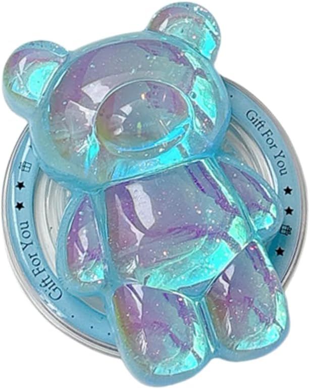 Cute Kawaii 3D Bear Phone Grip Stand, Iridescent Holographic Resin Cell Phone Holder & Kickstand, Compatible with iPhone, Samsung Galaxy, Android (Aqua Blue)