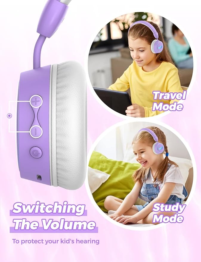 gorsun Kids Bluetooth Headphones, 85dB Volume Limited, 68 Hours Playtime, Bluetooth 5.4, Colorful LED Lights Toddler Headphones Wireless with Microphone, Birthday Gift for 1-13 Year Olds (Purple)