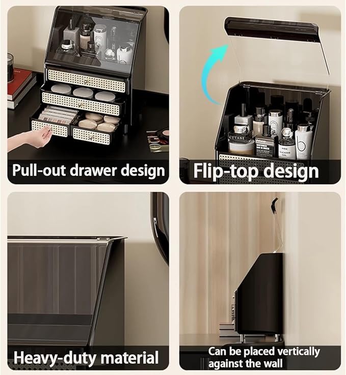 Large Cosmetic Storage Box Dustproof And Waterproof. Display Case with Drawers Countertop Vanity Organizer for Skincare, Lipsticks, Perfume – Bathroom Cosmetic Storage Display Box (Black)