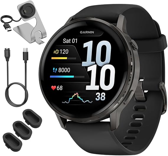 Garmin Venu 4 45mm Health and Fitness GPS Smartwatch, AMOLED, Slate with Black Silicone Band, 010-03014-00 - Bundle w/Deco Essentials Charging Dock, Dust Cover and USB-C Cable