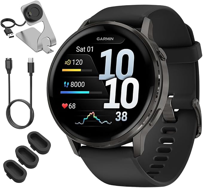 Garmin Venu 4 45mm Health and Fitness GPS Smartwatch, AMOLED, Slate with Black Silicone Band, 010-03014-00 - Bundle w/Deco Essentials Charging Dock, Dust Cover and USB-C Cable