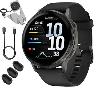 Garmin Venu 4 45mm Health and Fitness GPS Smartwatch, AMOLED, Slate with Black Silicone Band, 010-03014-00 - Bundle w/Deco Essentials Charging Dock, Dust Cover and USB-C Cable