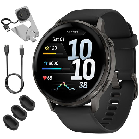 Garmin Venu 4 45mm Health and Fitness GPS Smartwatch, AMOLED, Slate with Black Silicone Band, 010-03014-00 - Bundle w/Deco Essentials Charging Dock, Dust Cover and USB-C Cable