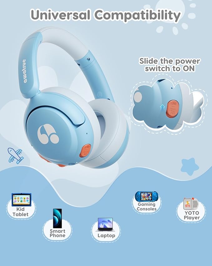 Kids Bluetooth Headphones, 85dB Volume Limiter, Foldable Wireless Over-Ear Headphones for iPad, Travel, 75H Playtime, Bluetooth 5.4, Built-in Mic, Blue