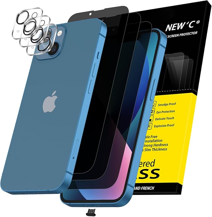 NEW'C 3x Privacy for iPhone 13 Screen Protector (6.1 inches)+ 3x Camera Lens Protector, Sensor Protection, Case Friendly Tempered Glass Film + Dust Plug- Enhanced Privacy Angle of 28 Degrees