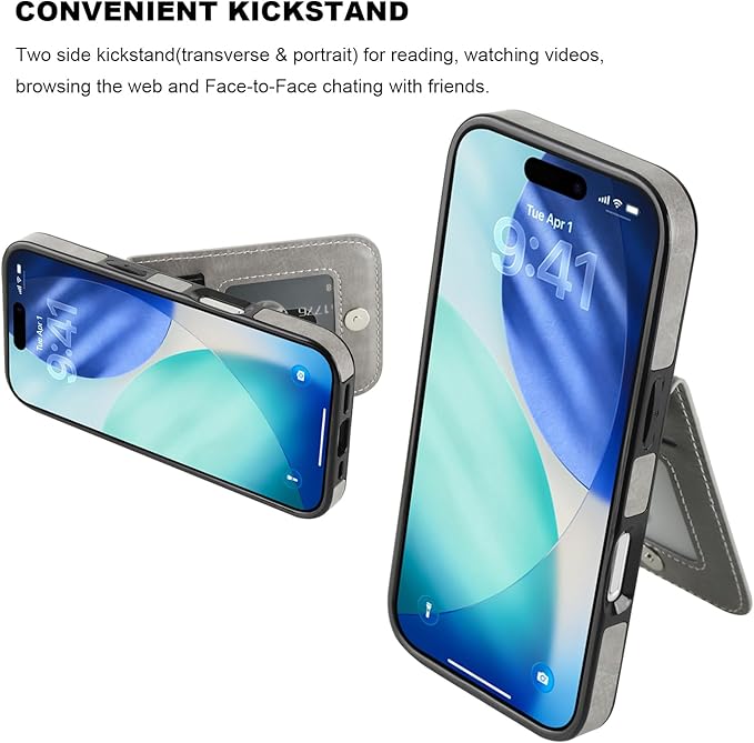 KIHUWEY Compatible with iPhone 17 Case Wallet with Credit Card Holder, Flip Premium Leather Magnetic Clasp Kickstand Heavy Duty Protective Cover for iPhone 17 6.3 Inch (Gray)