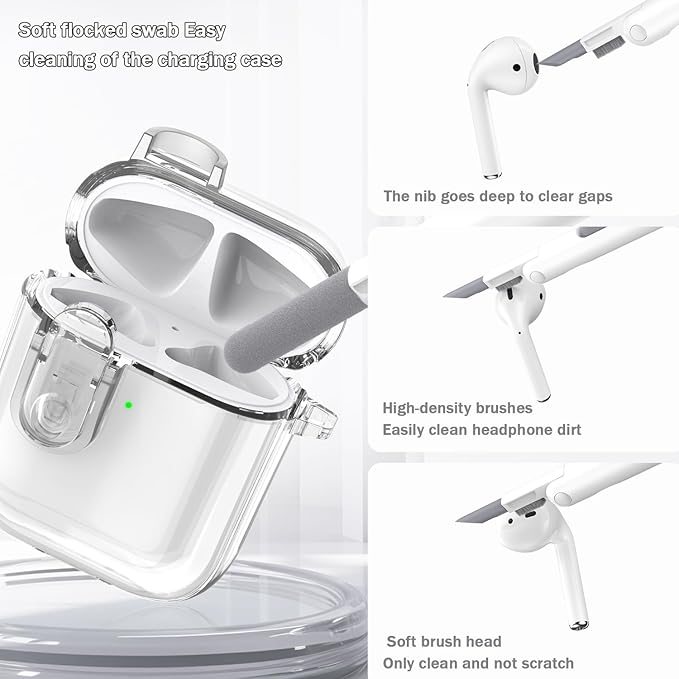 for Airpods 2nd Generation Case Cover with Secure Lock, Clear Soft TPU Transparent Military Grade Shockproof Protective Case with Cleaning Pen for Apple Airpods 2nd 2019, Clear White
