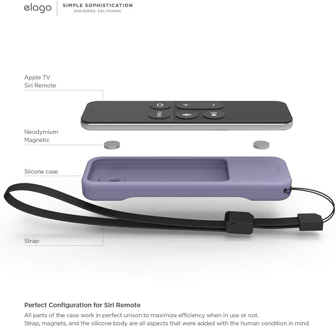 elago R1 Intelli Case [Lavender Grey]-[Magnet Technology][Anti-Slip][Lanyard Included][Heavy Shock Absorption] Compatible with Apple TV Siri Remote 1st Generation