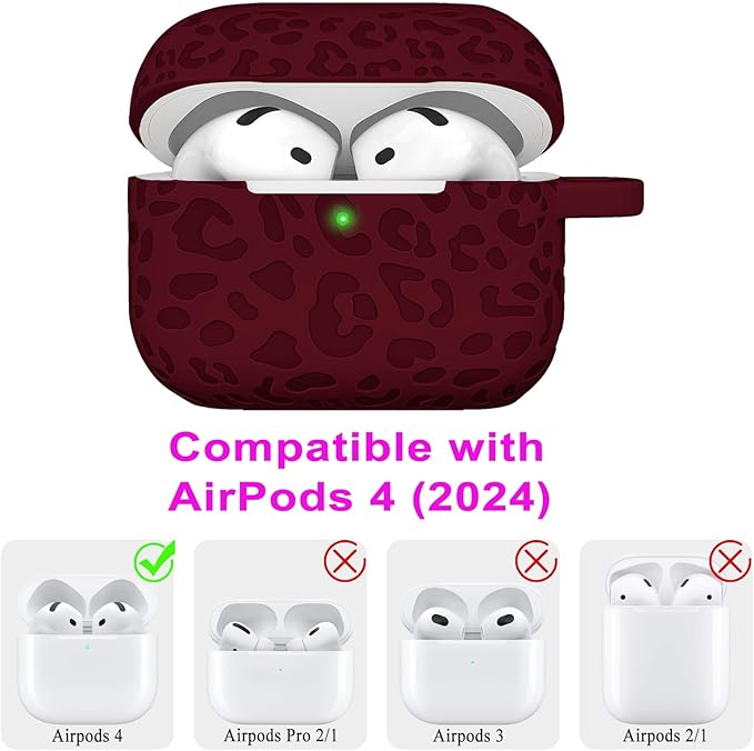 Engraved Leopard Case Compatible with AirPods 4th Generation Cover with Keychain, Skin Soft Cover for Compatible with AirPods 4 Case Full Protection,Front LED Visible, Wine Red