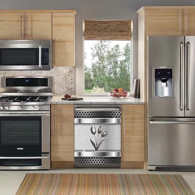 Generic Stainless Steel Dishwasher Magnet Cover Decor, Metal Floral Dishwashing Sticker Magnetic, Kitchen Fridge Door Magnet Cover Vinyl Sticker (23"" x 26"" Magnetic), Rimyy111-9