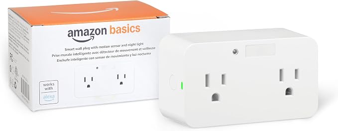 Amazon Basics Dual Smart Plug with Motion Sensor and Night Light, Works with Alexa Only, Control from Anywhere, Automatic Control, 2.4 GHz Wi-Fi, No Hub Required, 4.33 x 2.36 x 1.38 in, White