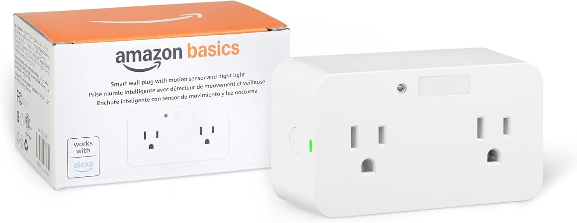 Amazon Basics Dual Smart Plug with Motion Sensor and Night Light, Works with Alexa Only, Control from Anywhere, Automatic Control, 2.4 GHz Wi-Fi, No Hub Required, 4.33 x 2.36 x 1.38 in, White