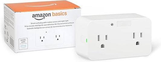 Amazon Basics Dual Smart Plug with Motion Sensor and Night Light, Works with Alexa Only, Control from Anywhere, Automatic Control, 2.4 GHz Wi-Fi, No Hub Required, 4.33 x 2.36 x 1.38 in, White - Image 1
