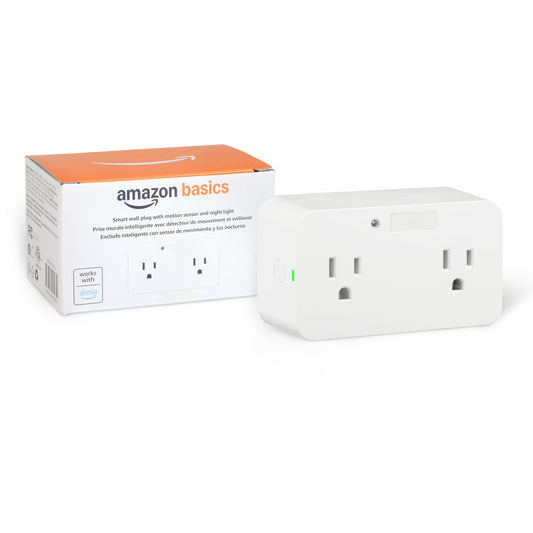 Amazon Basics Dual Smart Plug with Motion Sensor and Night Light, Works with Alexa Only, Control from Anywhere, Automatic Control, 2.4 GHz Wi-Fi, No Hub Required, 4.33 x 2.36 x 1.38 in, White