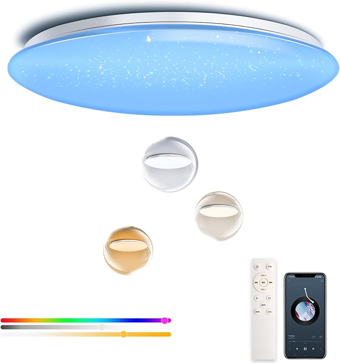 WF-Version LED Ceiling Light with Speaker 50W 16Inch Control via app/Voice/Remote Adjustable Brightness & Color Temperature Ceiling Lamp RGB Ambient Lighting for Bedroom Kids Room and More