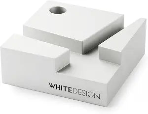 WHITE DESIGN Original Aluminum Phone Stand, Geometric Multi-Angle Cell Phone Holder for Desk, Modern Minimalist iPhone Stand, Anodized Matte Silver Cradle for All Smartphones