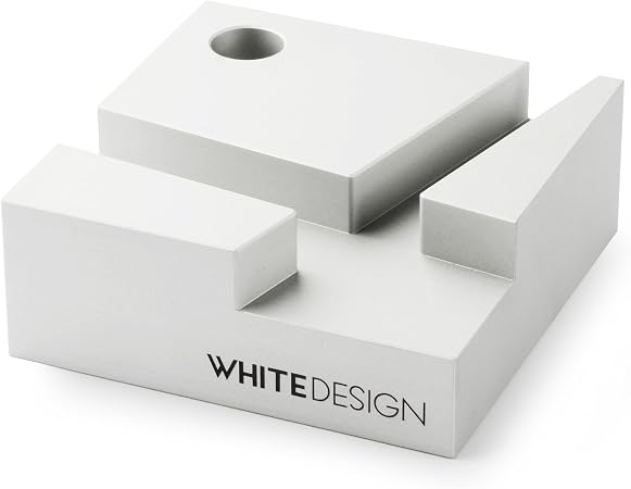 WHITE DESIGN Original Aluminum Phone Stand, Geometric Multi-Angle Cell Phone Holder for Desk, Modern Minimalist iPhone Stand, Anodized Matte Silver Cradle for All Smartphones