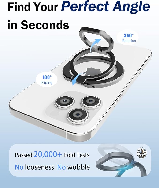 Phone Grip for MagSafe,360°& 180°Rotation Magnetic Phone Ring Holder with Kickstand,Dual-Ring Thin Phone Stand for 17/16/15/14/13/12 Series-Black