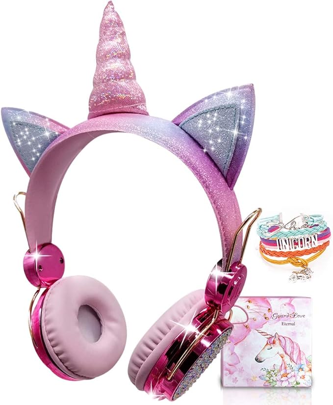TCJJ Sparkly Unicorn Headphones for Girls, 85dB Safe Volume Limit, Wireless & 3.5mm Wired Headset with Mic, Adjustable Headband, Fast Charging, Foldable,for School, Tablet, Travel, Airplane