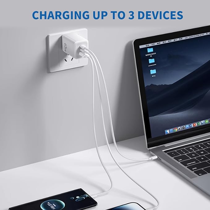 BELAROI 65W USB C Wall Charger Block, PD 3.1,3-Port GaN Fast Charger, 65W Foldable High Power Fast Charging Brick, for iPhone,iPad and MacBook Pro/Air,Samsung Galaxy (White)