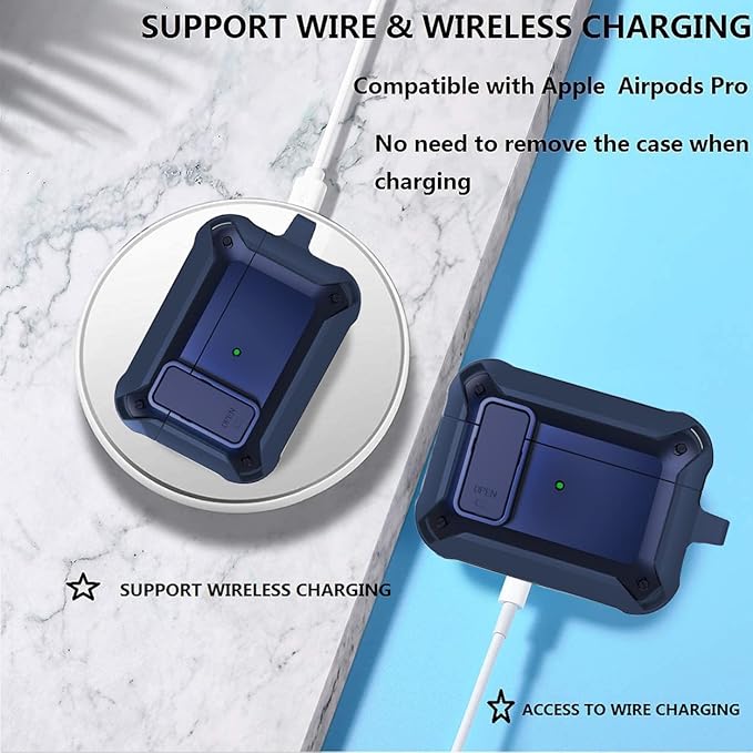 for Airpods Pro 2/1 Gen Case Cover with Lock (2019/2022/2023), Rugged Locking Case for Airpod Pro 2nd/1st Generation Shockproof Armor Protective Skin for Apple iPod Pro - Blue