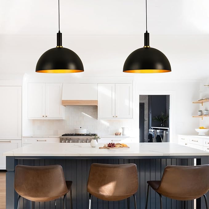 17.72" Large Pendant Lights Kitchen Island, Black and Gold Dome Pendant Lights, Modern Farmhouse Adjustable Black Industrial Metal Hanging Pendant Lightingfor Kitchen Island, Dining Room, Cafe, Bar