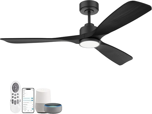 52 Inch Wood Smart Ceiling Fans with Lights Remote,Voice Control via WIFI Alexa App,Quiet DC Motor,Outdoor Indoor Ceiling Fan,Dimmable,Modern Black Lighting & Ceiling Fan for Bedroom Patio Porch