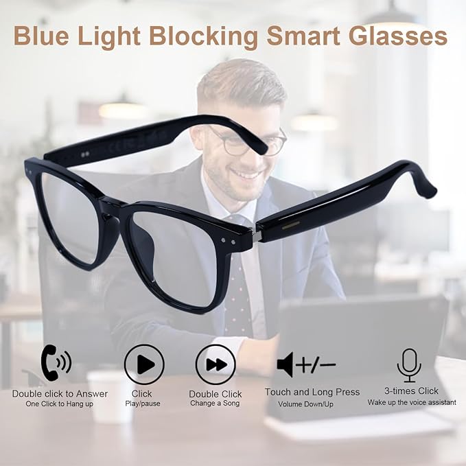 AI Smart Glasses, Anti Blue Light Bluetooth Translation Glasses with 164 Hands-Free Calls & Audio Multifunctional Smart Sunglasses for Men Women Travel Trade Business (KL01-Black-Color-Change-Lens)