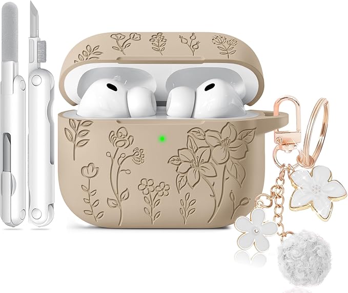 for Airpods Pro 3 Case, Flower Engraved Case Cover Compatible with AirPods Pro 3rd Generation 2025, Soft Silicone Cases with Cute Keychain & Cleaner for Women Girly, Shockproof