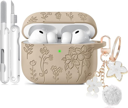 for Airpods Pro 3 Case, Flower Engraved Case Cover Compatible with AirPods Pro 3rd Generation 2025, Soft Silicone Cases with Cute Keychain & Cleaner for Women Girly, Shockproof