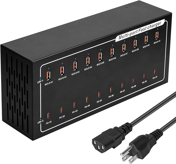 400W USB Charging Station, Charger with 10 PD Ports for MacBook Pro, iPhone, Smartphones, Tablets and Other Devices，Fast Compact Travel Adapter