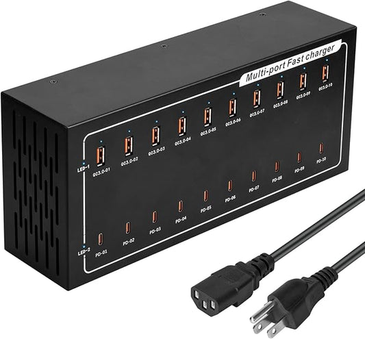 400W USB Charging Station, Charger with 10 PD Ports for MacBook Pro, iPhone, Smartphones, Tablets and Other Devices，Fast Compact Travel Adapter