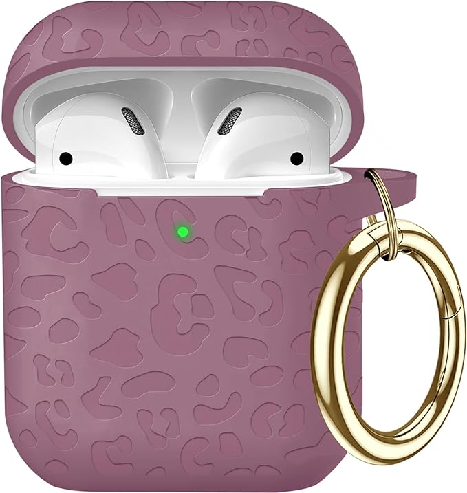 Compatible with Airpods Case Leopard Engraved Skin Cover Compatible with Airpods 2nd/1st Charging Case,Cute Soft Silicone Full Protective, Front LED Visible, Smoke Violet