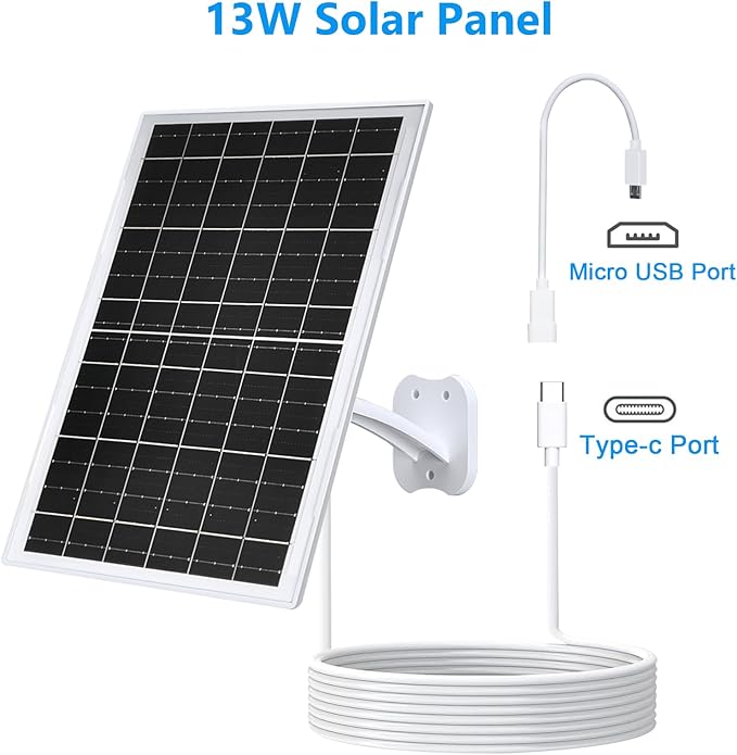 Zivif 13W USB Solar Panel for Security Cameras, Solar Charger with USB-C Cable, DC 5.5x2.1mm & Micro USB Port, IP66 Waterproof with Adjustable Mount & 10FT Cable, Tempered Glass Panel