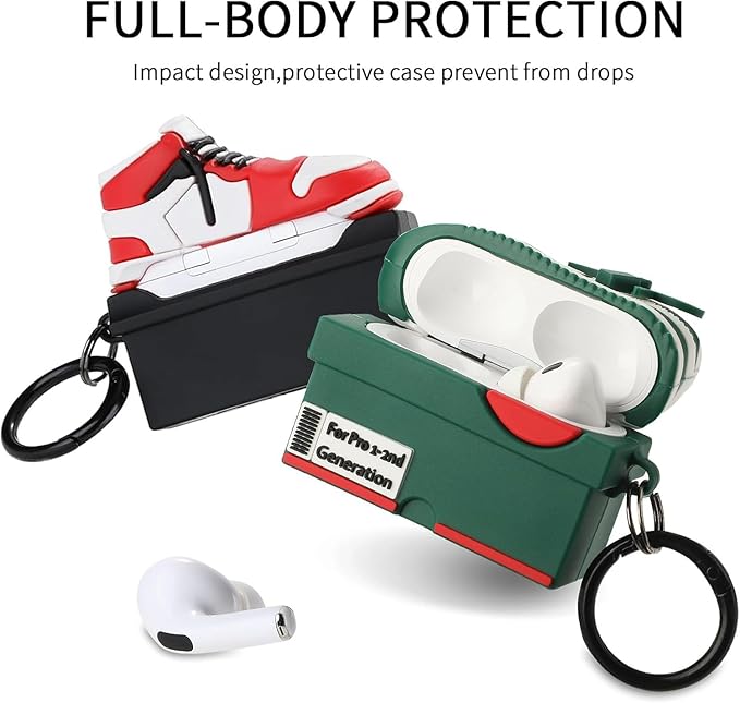 for Apple AirPods Pro 2nd Generation Case,Cute Cartoon Shoe Box Soft Silicone Protective Cases for AirPods Pro 2 Case with Keychain for Women Men, A-Red+Dark Green,2Pack