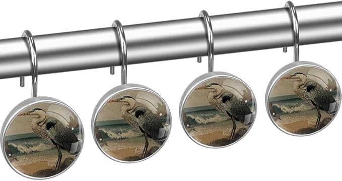 Beach Heron Shower Curtain Hooks, 12Pcs Decorative Rust Resistant Shower Rings for Shower Curtain Rods, Stainless Steel Round Curtain Hooks for Bathroom, Bedroom, Farmhouse
