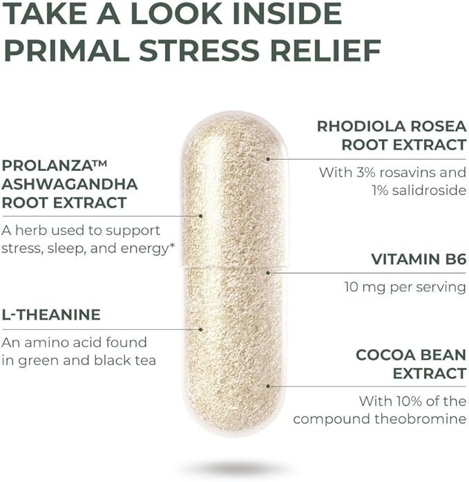 Primal Harvest Stress Relief Supplement for Women and Men Pure Ashwagandha Root Extract, L-Theanine Supplements, 60 Capsules