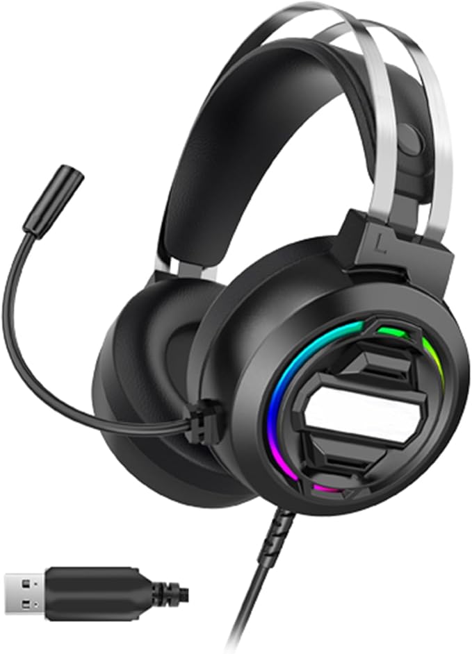 USB Gaming Headset, Wired Gaming Headphones, Headsets with Mic, 7.1 Surround Sound, Clear Noise Canceling Mic, Cool Led Light, Enhanced Comfort, with Versatility for Pc