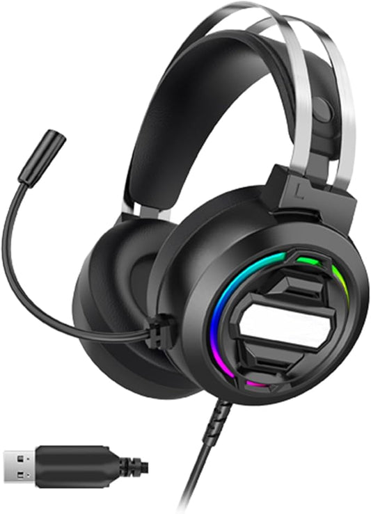 USB Gaming Headset, Wired Gaming Headphones, Headsets with Mic, 7.1 Surround Sound, Clear Noise Canceling Mic, Cool Led Light, Enhanced Comfort, with Versatility for Pc