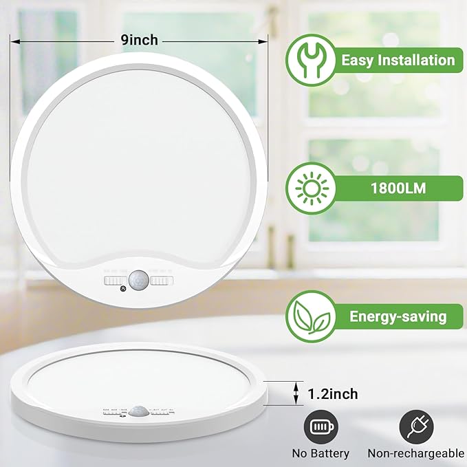 zemty 2Pack 9inch Motion Sensor Ceiling Lights Wired,18W 1800lm 3CCT/3 Mode/30-120s Timer, Bright White LED Flush Mount Light Fixture Motion Activated for Closet Pantry Hallways Stairwells Garage