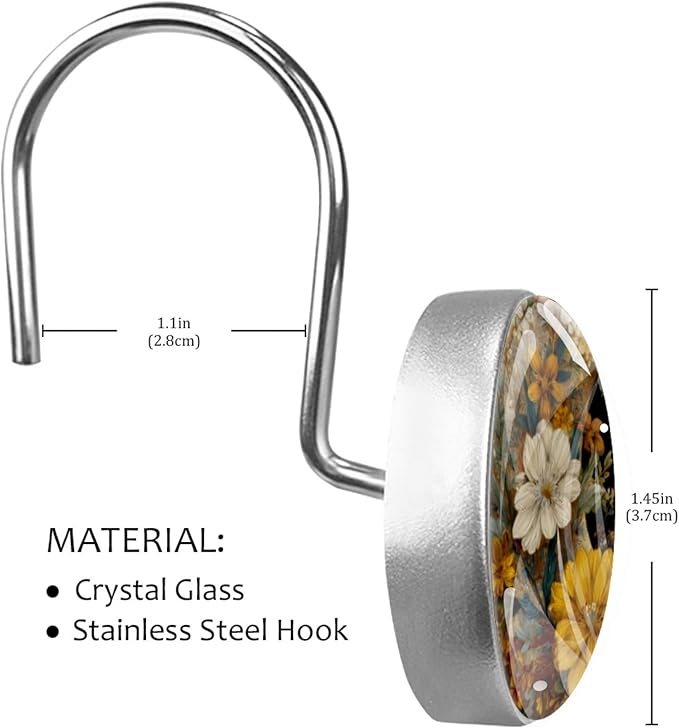12 Packs Moon with Flowers Shower Curtain Hooks, Stainless Steel Glass Shower Curtain Rings for Bathroom Decor, Metal Rustproof Curtain Rod Hooks