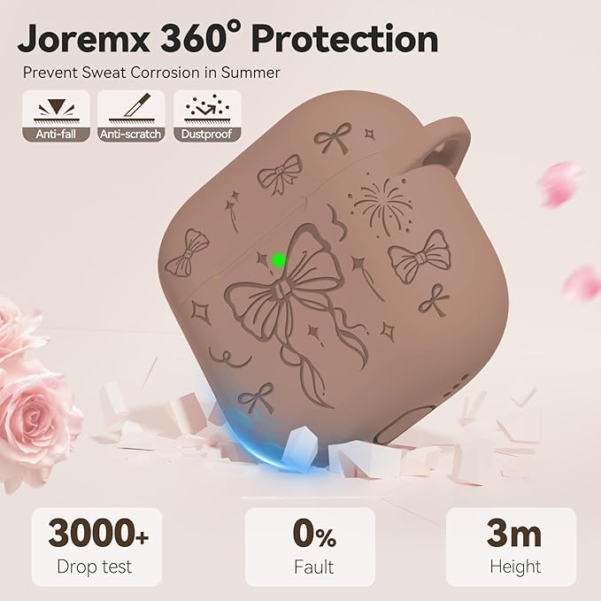 for Airpods 4 Case Cover, Joremx Cute Bow Engraved Silicone Protective Case Cover with Keychain, Cleaner Kit for AirPods 4th Generation Case 2024 (Light Brown)