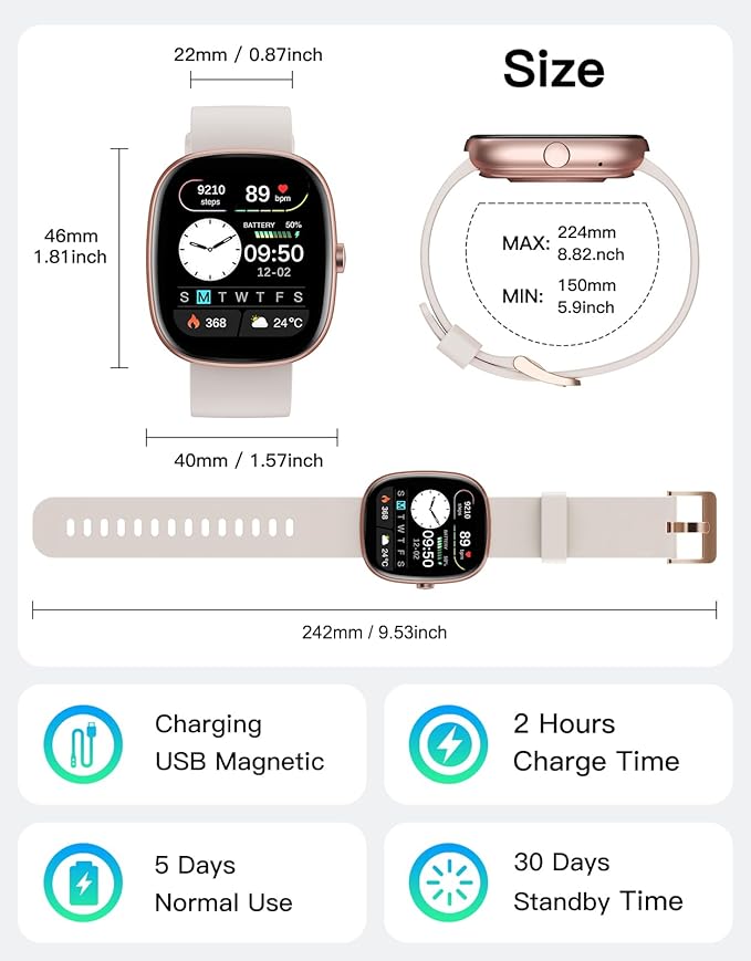 Fitness Tracker with Call Function, 1.85” Fitness Watch for Women and Men, 24/7 Heart Rate & Blood Oxygen Monitor, Sleep Tracker, 100+ Sport Modes, IP68 Waterproof (Starlight)