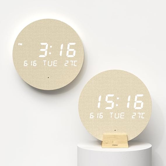 mooas Wood Moon Cordless Mini Digital LED Wall Clock, Date, Temperature